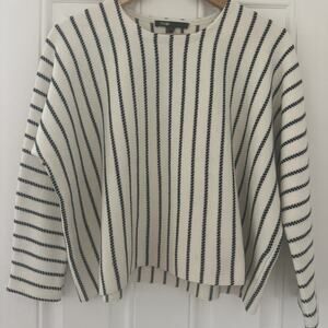 Maje Women Pullover Long Sleeve Cropped Sweater 1 Cream Black Stripe Wool Blend